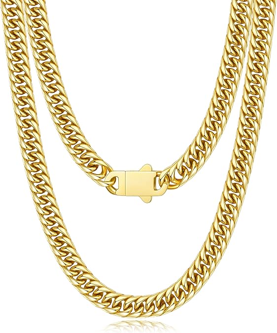 5MM/7MM/9MM Cuban Link Chain for Men Boys with Push-Lock Clasp, Thick 18K Gold Plated Stainless Steel Chains for Men, Cool Mens Necklace Chain 18/20/22/24/26 Inch #ves2