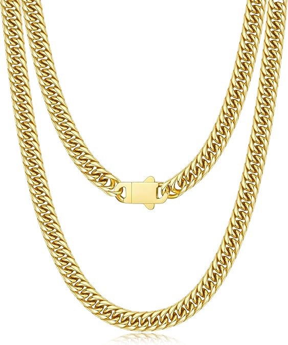 5MM/7MM/9MM Cuban Link Chain for Men Boys with Push-Lock Clasp, Thick 18K Gold Plated Stainless Steel Chains for Men, Cool Mens Necklace Chain 18/20/22/24/26 Inch #ves5