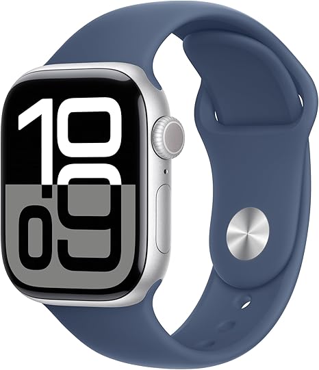 Apple Watch Series 10 [GPS + Cellular 46mm case] Smartwatch with Silver Aluminium Case with Denim Sport Band - M/L. Fitness Tracker, ECG App, Always-On Retina Display, Water Resistant