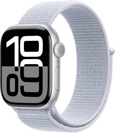 Apple Watch Series 10 [GPS + Cellular 46mm case] Smartwatch with Silver Aluminium Case with Blue Cloud Sport Loop. Fitness Tracker, ECG App, Always-On Retina Display, Carbon Neutral