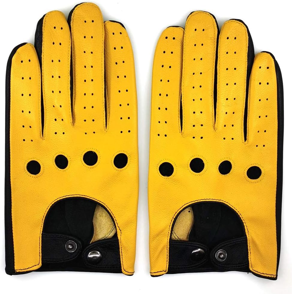 Black&yellow(lambskin/Touchscreen) ZLUXURQ Mens Touchscreen Professional Leather Driving Gloves Unlined -Soft and Thin Italian Lambskin