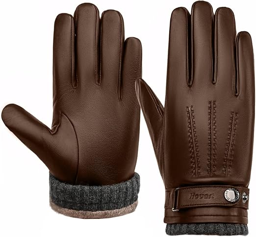 Brown-wool Cuff Leather Gloves for Men,Winter Driving Leather Gloves,Touchscreen,Wool fleece lined Genuine Sheepskin gloves Gift