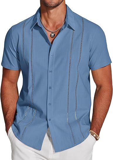COOFANDY Men's Cuban Guayabera Shirt Short Sleeve Button Down Shirts Casual Summer Beach Linen Shirts (#vs23)