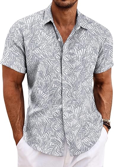 COOFANDY Men's Linen Shirts Short Sleeve Casual Shirts Button Down Shirt for Men Beach Summer Wedding Shirt (#vs15)