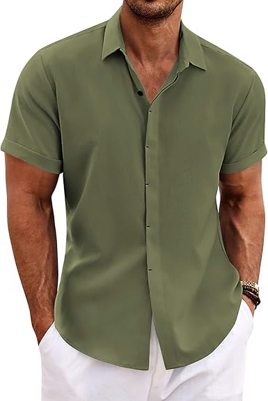COOFANDY Men's Linen Shirts Short Sleeve Casual Shirts Button Down Shirt for Men Beach Summer Wedding Shirt (#vs21)