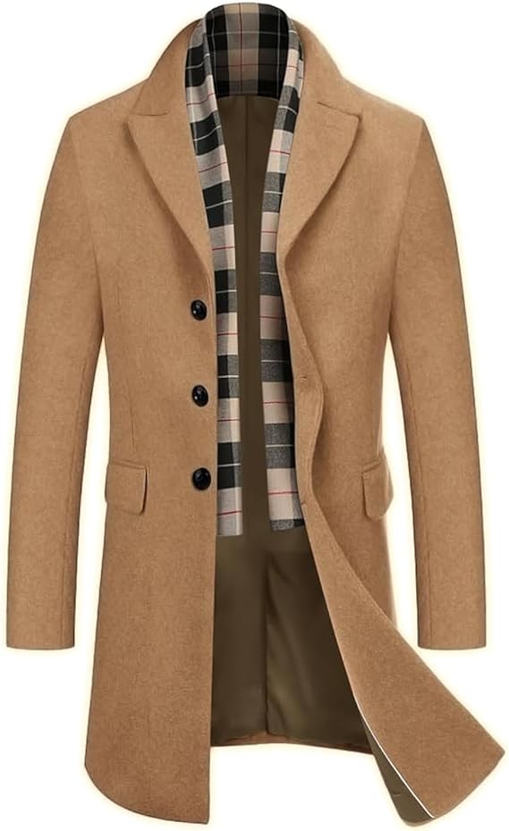 COOFANDY Men's Wool Blend Coat with Detachable Plaid Scarfs Notched Collar Single Breasted Pea Coat Trench Overcoat (#vs1)