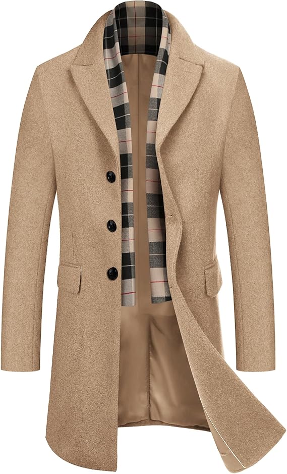 COOFANDY Men's Wool Blend Coat with Detachable Plaid Scarfs Notched Collar Single Breasted Pea Coat Trench Overcoat (#vs10)