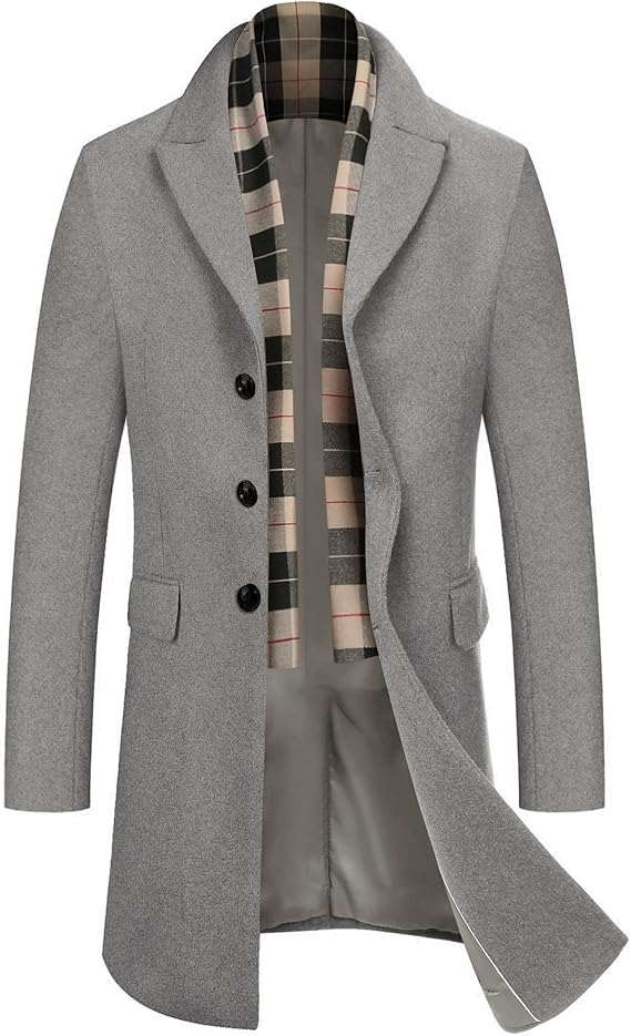 COOFANDY Men's Wool Blend Coat with Detachable Plaid Scarfs Notched Collar Single Breasted Pea Coat Trench Overcoat (#vs11)