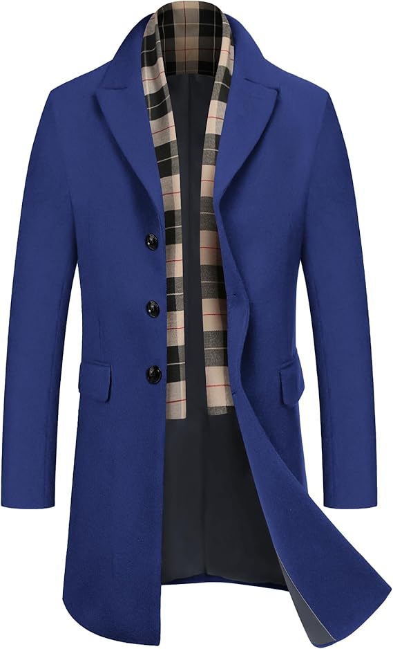 COOFANDY Men's Wool Blend Coat with Detachable Plaid Scarfs Notched Collar Single Breasted Pea Coat Trench Overcoat (#vs12)