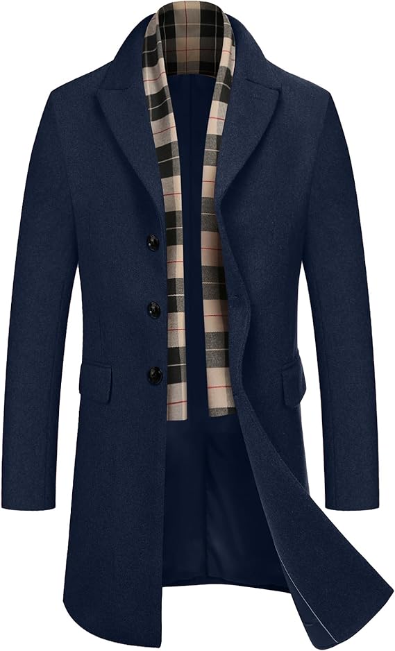 COOFANDY Men's Wool Blend Coat with Detachable Plaid Scarfs Notched Collar Single Breasted Pea Coat Trench Overcoat (#vs13)