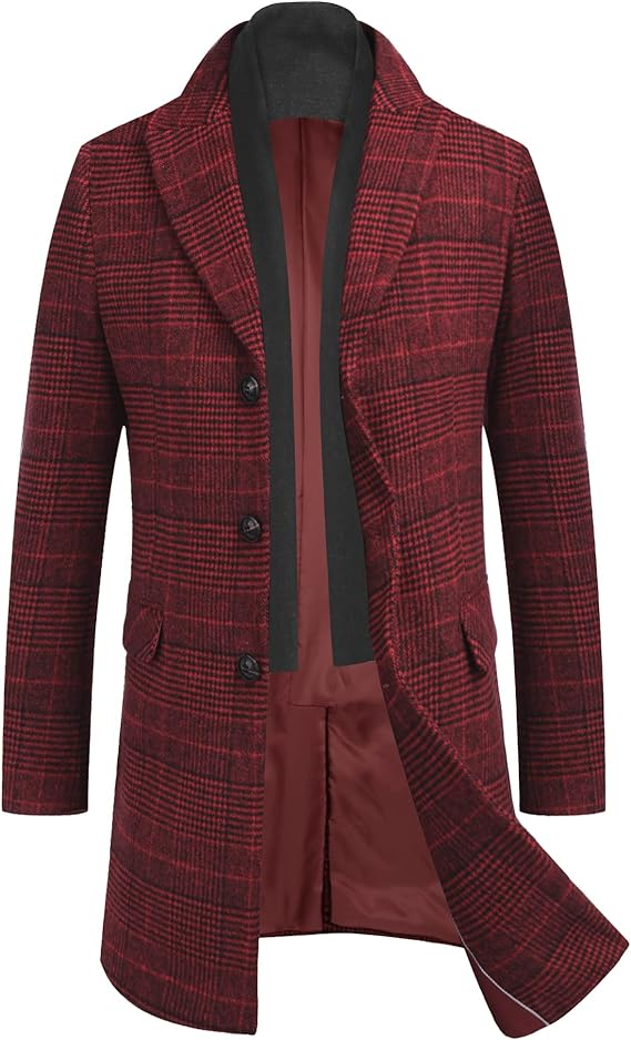 COOFANDY Men's Wool Blend Coat with Detachable Plaid Scarfs Notched Collar Single Breasted Pea Coat Trench Overcoat (#vs14)