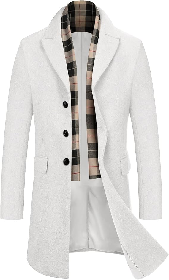 COOFANDY Men's Wool Blend Coat with Detachable Plaid Scarfs Notched Collar Single Breasted Pea Coat Trench Overcoat (#vs15)