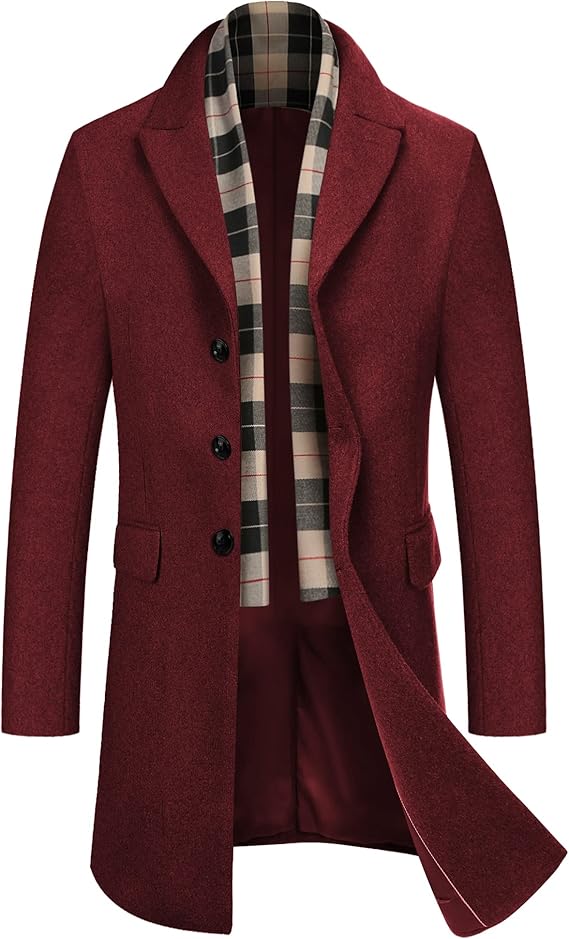 COOFANDY Men's Wool Blend Coat with Detachable Plaid Scarfs Notched Collar Single Breasted Pea Coat Trench Overcoat (#vs16)