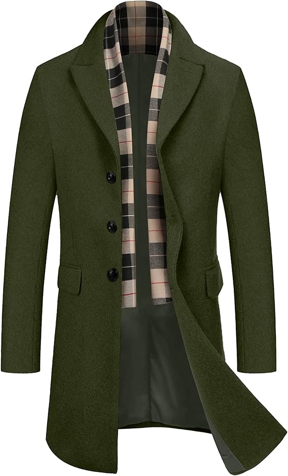 COOFANDY Men's Wool Blend Coat with Detachable Plaid Scarfs Notched Collar Single Breasted Pea Coat Trench Overcoat (#vs17)