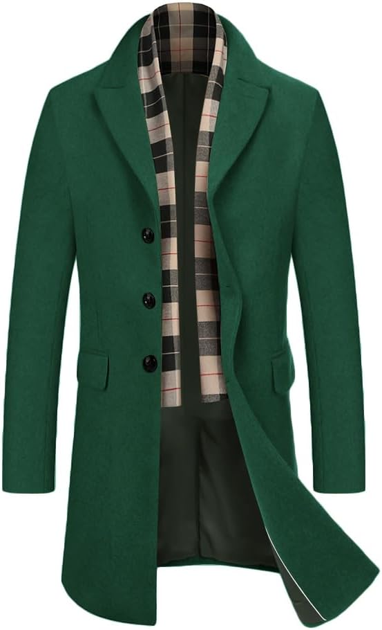 COOFANDY Men's Wool Blend Coat with Detachable Plaid Scarfs Notched Collar Single Breasted Pea Coat Trench Overcoat (#vs18)