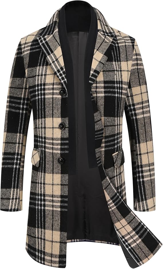 COOFANDY Men's Wool Blend Coat with Detachable Plaid Scarfs Notched Collar Single Breasted Pea Coat Trench Overcoat (#vs19)