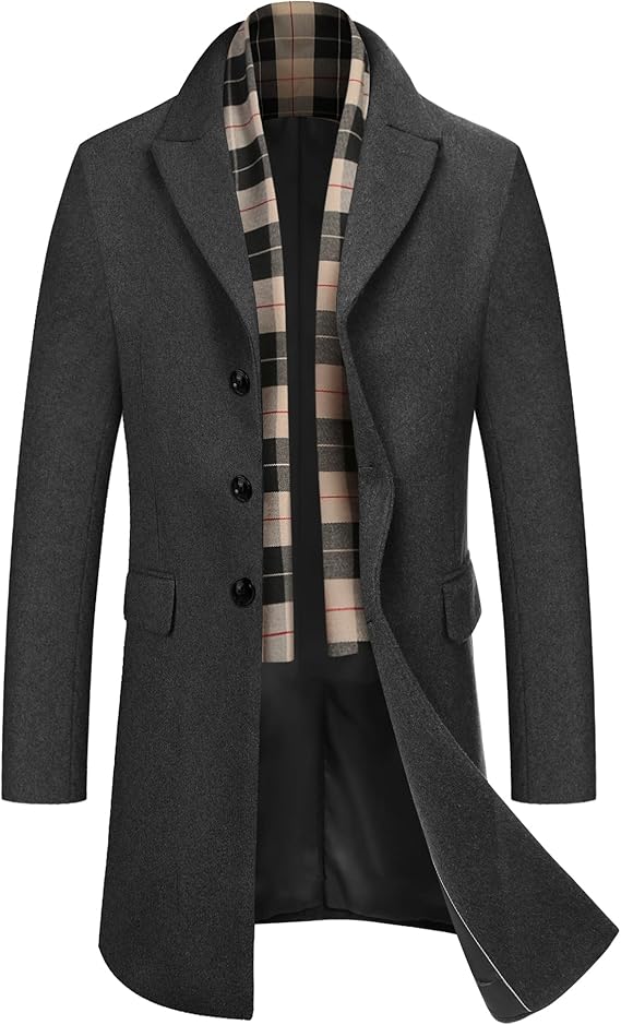 COOFANDY Men's Wool Blend Coat with Detachable Plaid Scarfs Notched Collar Single Breasted Pea Coat Trench Overcoat (#vs2)