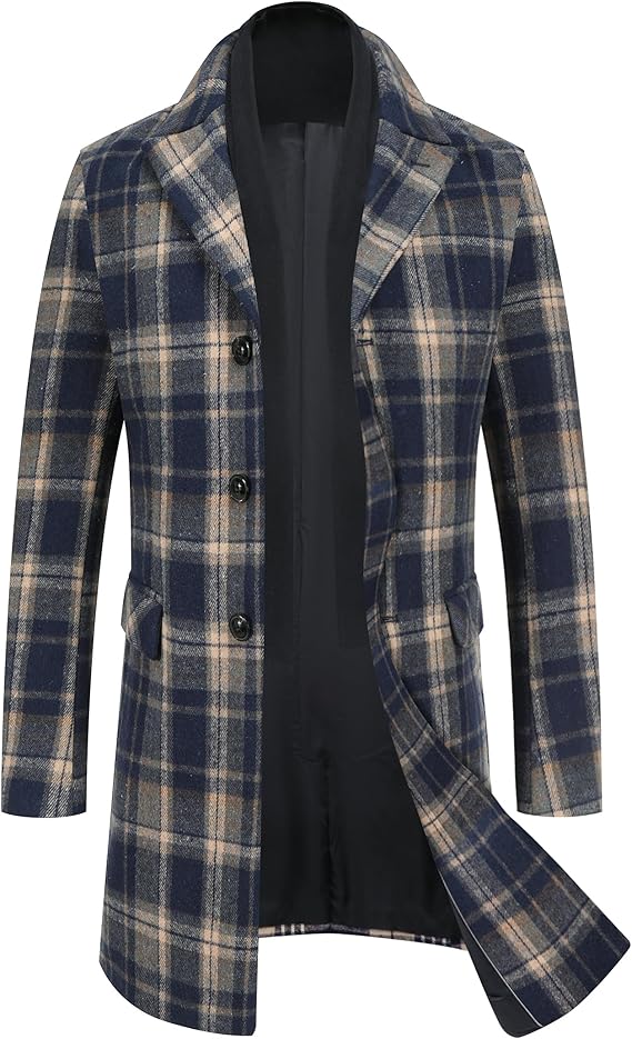 COOFANDY Men's Wool Blend Coat with Detachable Plaid Scarfs Notched Collar Single Breasted Pea Coat Trench Overcoat (#vs20)