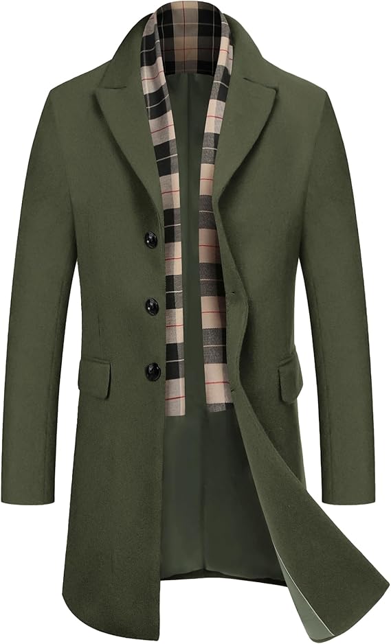COOFANDY Men's Wool Blend Coat with Detachable Plaid Scarfs Notched Collar Single Breasted Pea Coat Trench Overcoat (#vs3)