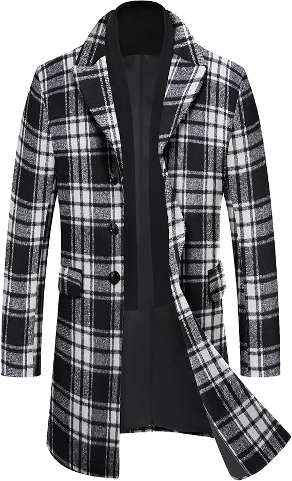 COOFANDY Men's Wool Blend Coat with Detachable Plaid Scarfs Notched Collar Single Breasted Pea Coat Trench Overcoat (#vs4)