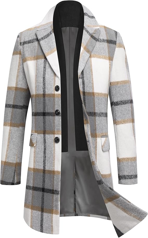 COOFANDY Men's Wool Blend Coat with Detachable Plaid Scarfs Notched Collar Single Breasted Pea Coat Trench Overcoat (#vs5)