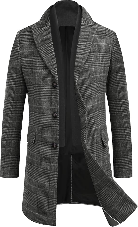 COOFANDY Men's Wool Blend Coat with Detachable Plaid Scarfs Notched Collar Single Breasted Pea Coat Trench Overcoat (#vs6)