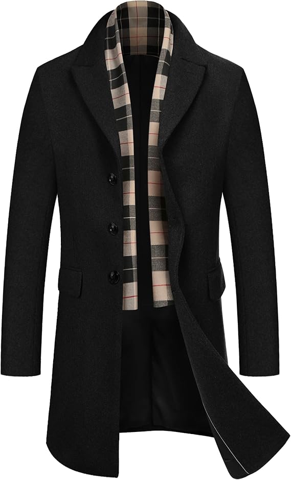 COOFANDY Men's Wool Blend Coat with Detachable Plaid Scarfs Notched Collar Single Breasted Pea Coat Trench Overcoat (#vs7)