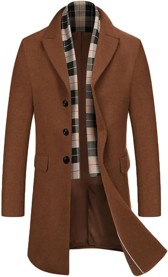 COOFANDY Men's Wool Blend Coat with Detachable Plaid Scarfs Notched Collar Single Breasted Pea Coat Trench Overcoat (#vs8)