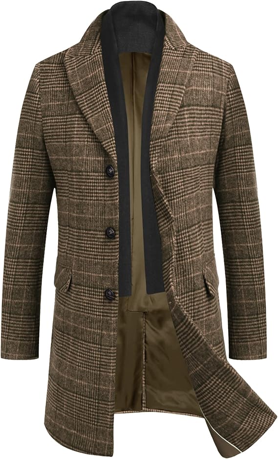 COOFANDY Men's Wool Blend Coat with Detachable Plaid Scarfs Notched Collar Single Breasted Pea Coat Trench Overcoat (#vs9)