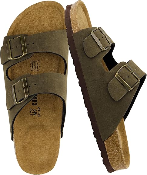 CUSHIONAIRE Lane Cork Footbed Mens Sandals, Adjustable Buckle Comfort Slides for Men, Genuine Leather Insole Summer Sandals Men Footwear #ves1