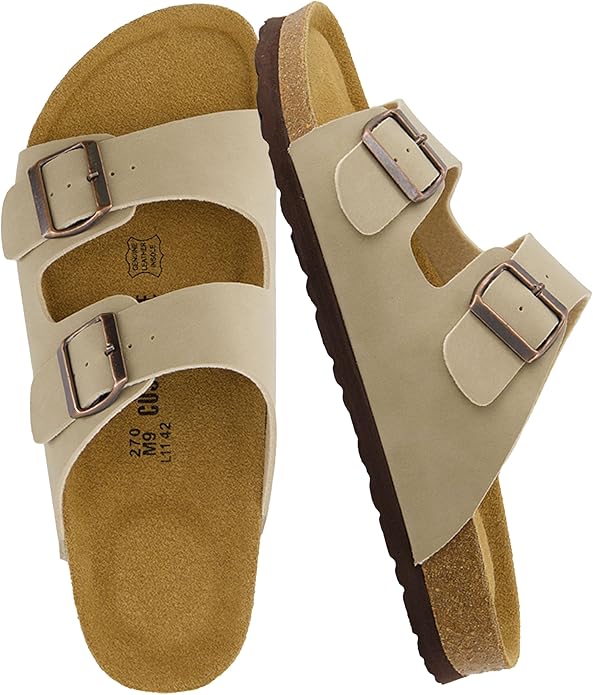 CUSHIONAIRE Lane Cork Footbed Mens Sandals, Adjustable Buckle Comfort Slides for Men, Genuine Leather Insole Summer Sandals Men Footwear #ves7