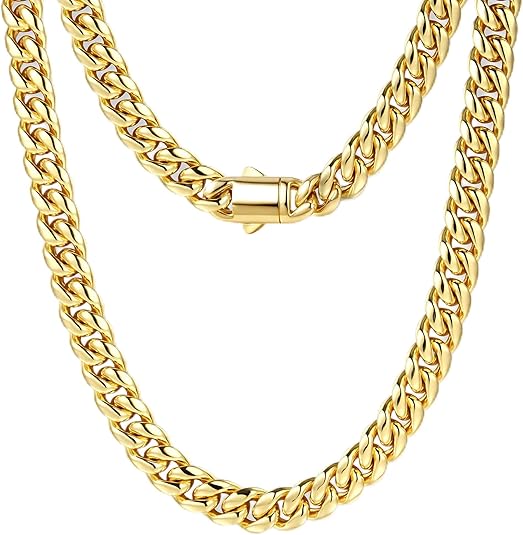 Gold Cuban Link Chain for Men Mens Stainless Steel Miami Curb Chains Necklace 5/8mm Thick Real Gold/Silver/Black Plated Diamond Cut Non-Tarnish Jewelry18-26 Inch #ves1