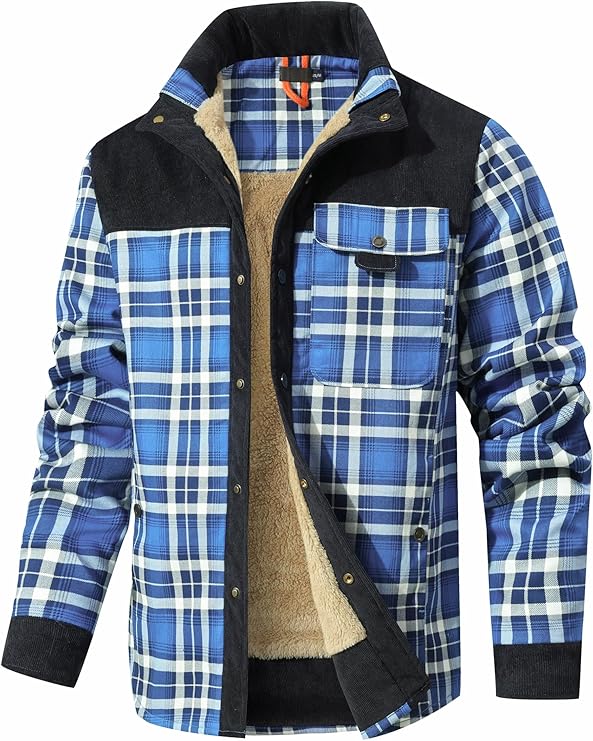 HYPESTFIT Men's Corduroy Plaid Sherpa Lined Flannel Shirt Jacket Fleece Coat (#vs1)