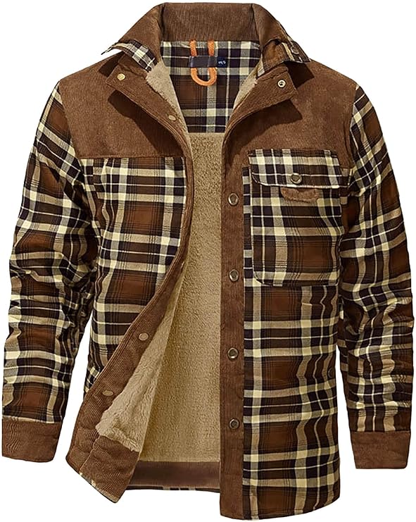 HYPESTFIT Men's Corduroy Plaid Sherpa Lined Flannel Shirt Jacket Fleece Coat (#vs10)
