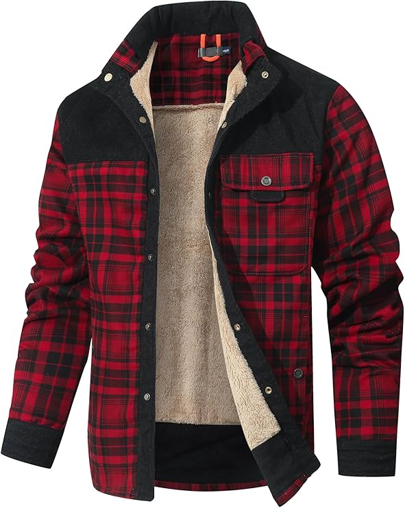 HYPESTFIT Men's Corduroy Plaid Sherpa Lined Flannel Shirt Jacket Fleece Coat (#vs11)