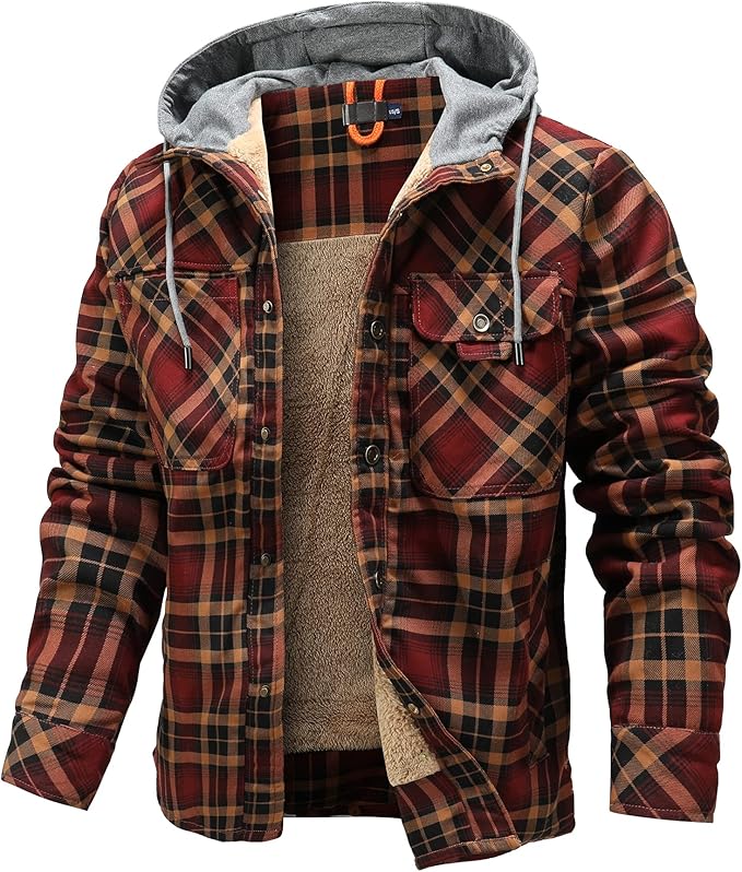 HYPESTFIT Men's Corduroy Plaid Sherpa Lined Flannel Shirt Jacket Fleece Coat (#vs12)