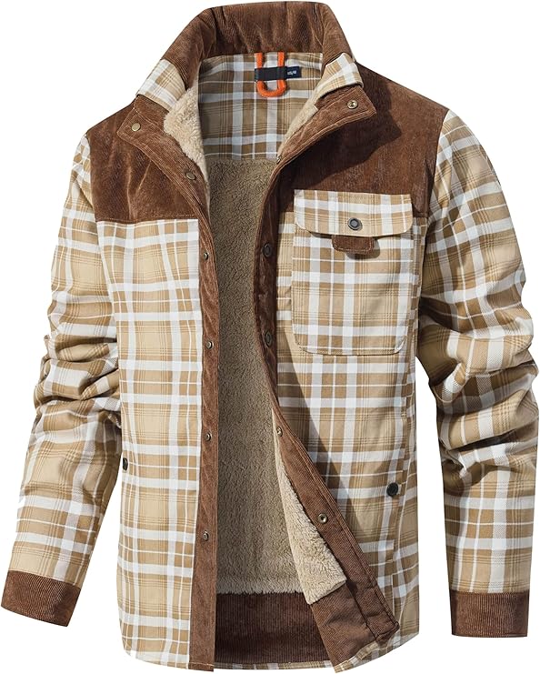 HYPESTFIT Men's Corduroy Plaid Sherpa Lined Flannel Shirt Jacket Fleece Coat (#vs2)