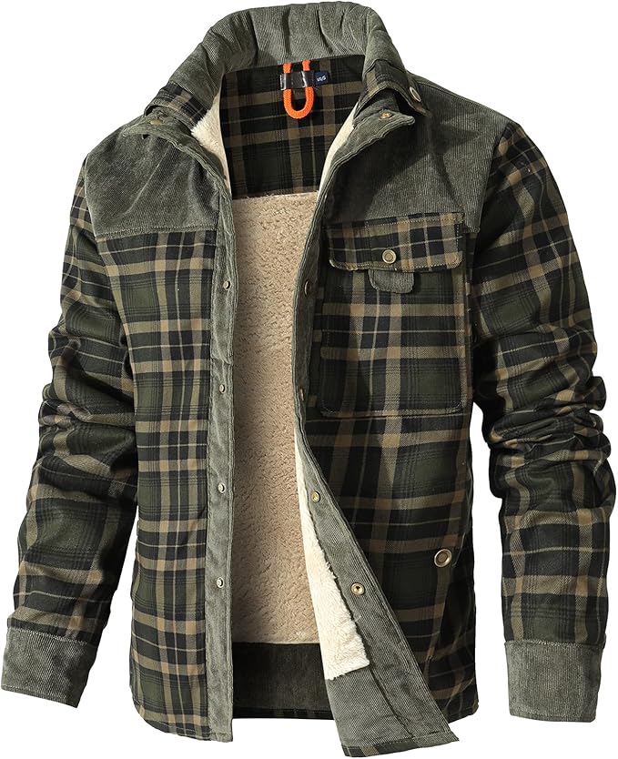 HYPESTFIT Men's Corduroy Plaid Sherpa Lined Flannel Shirt Jacket Fleece Coat (#vs3)