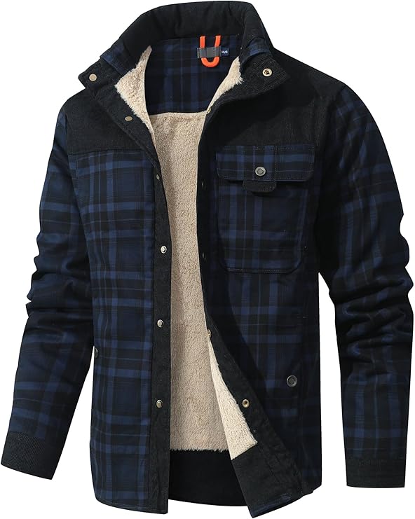 HYPESTFIT Men's Corduroy Plaid Sherpa Lined Flannel Shirt Jacket Fleece Coat (#vs4)