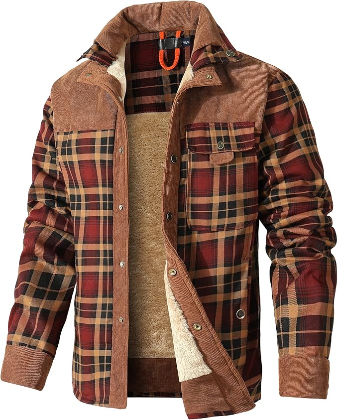 HYPESTFIT Men's Corduroy Plaid Sherpa Lined Flannel Shirt Jacket Fleece Coat (#vs5)