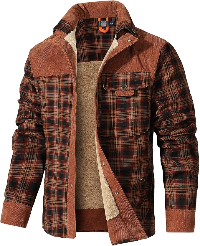 HYPESTFIT Men's Corduroy Plaid Sherpa Lined Flannel Shirt Jacket Fleece Coat (#vs6)