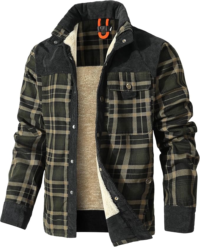 HYPESTFIT Men's Corduroy Plaid Sherpa Lined Flannel Shirt Jacket Fleece Coat (#vs7)