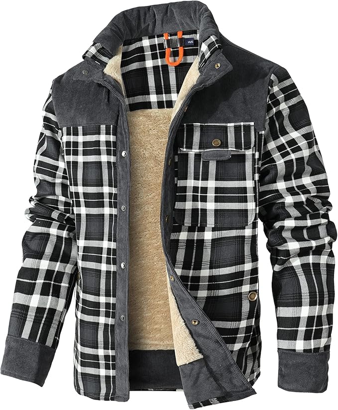 HYPESTFIT Men's Corduroy Plaid Sherpa Lined Flannel Shirt Jacket Fleece Coat (#vs8)