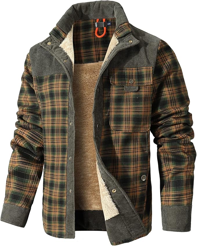 HYPESTFIT Men's Corduroy Plaid Sherpa Lined Flannel Shirt Jacket Fleece Coat (#vs9)