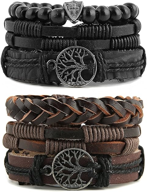HZMAN Genuine Leather Tree of life Bracelets Men Women, Tiger Eye Natural Stone Lava Rock Beads Ethnic Tribal Elastic Bracelets Wristbands #ves1