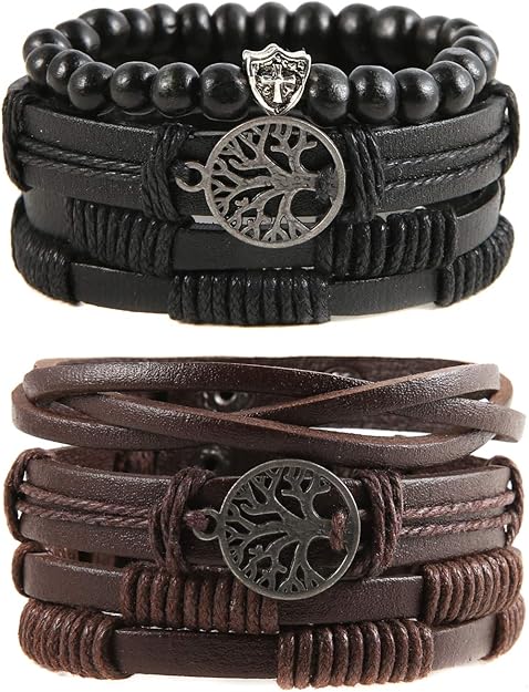 HZMAN Genuine Leather Tree of life Bracelets Men Women, Tiger Eye Natural Stone Lava Rock Beads Ethnic Tribal Elastic Bracelets Wristbands #ves10