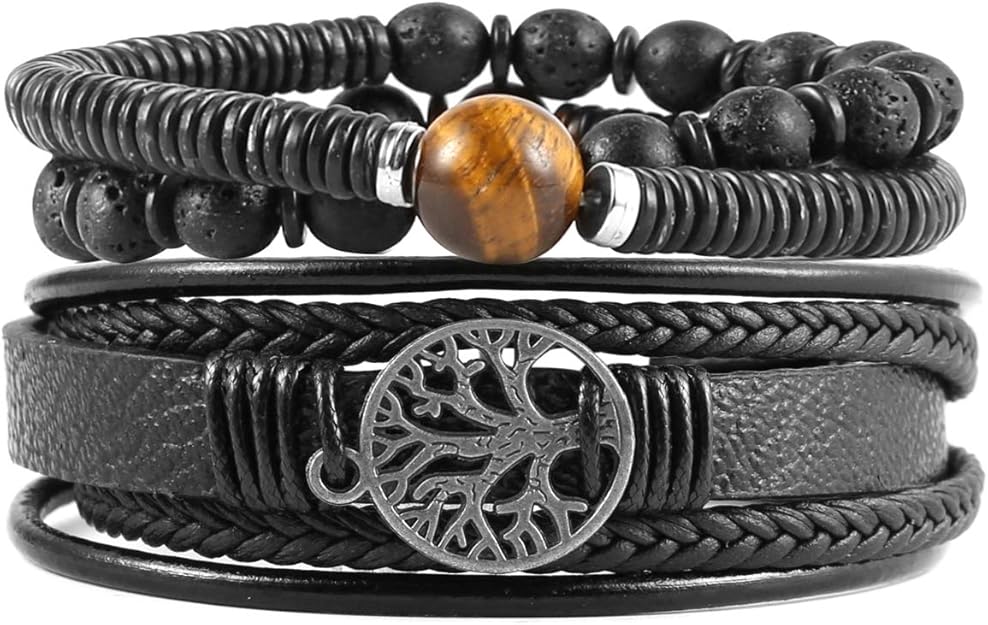 HZMAN Genuine Leather Tree of life Bracelets Men Women, Tiger Eye Natural Stone Lava Rock Beads Ethnic Tribal Elastic Bracelets Wristbands #ves2