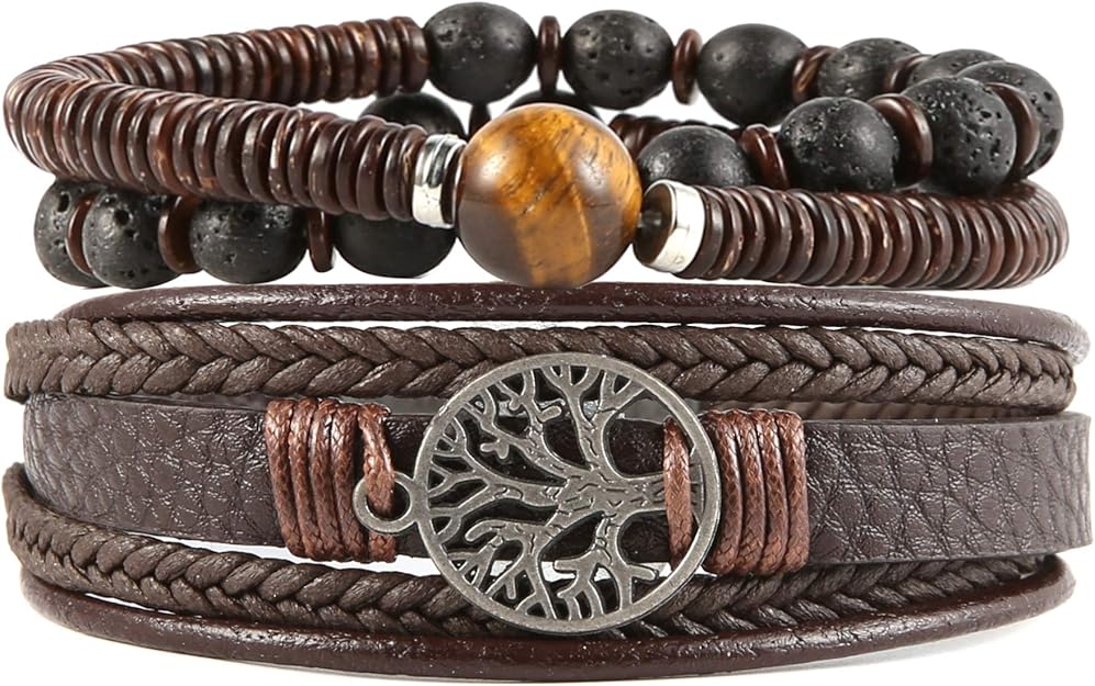 HZMAN Genuine Leather Tree of life Bracelets Men Women, Tiger Eye Natural Stone Lava Rock Beads Ethnic Tribal Elastic Bracelets Wristbands #ves3