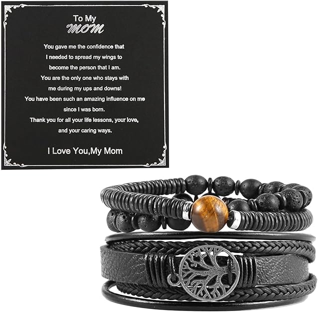 HZMAN Genuine Leather Tree of life Bracelets Men Women, Tiger Eye Natural Stone Lava Rock Beads Ethnic Tribal Elastic Bracelets Wristbands #ves6