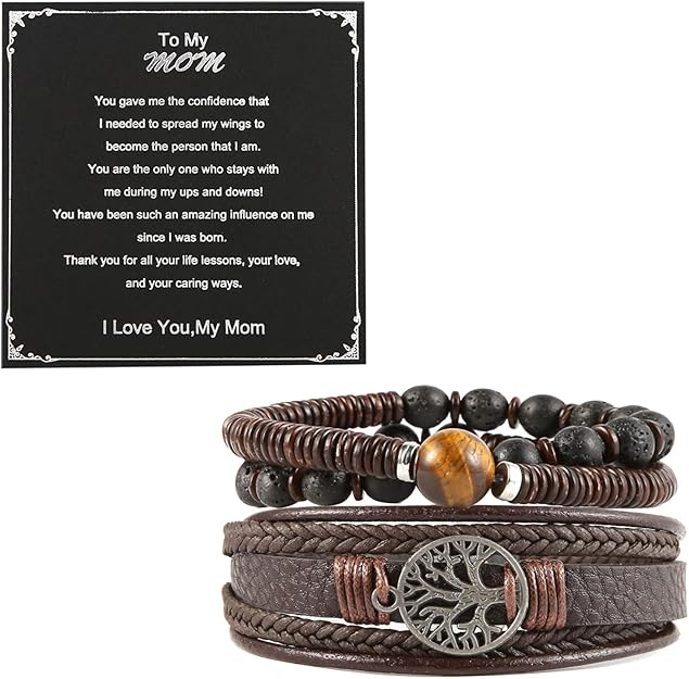HZMAN Genuine Leather Tree of life Bracelets Men Women, Tiger Eye Natural Stone Lava Rock Beads Ethnic Tribal Elastic Bracelets Wristbands #ves7